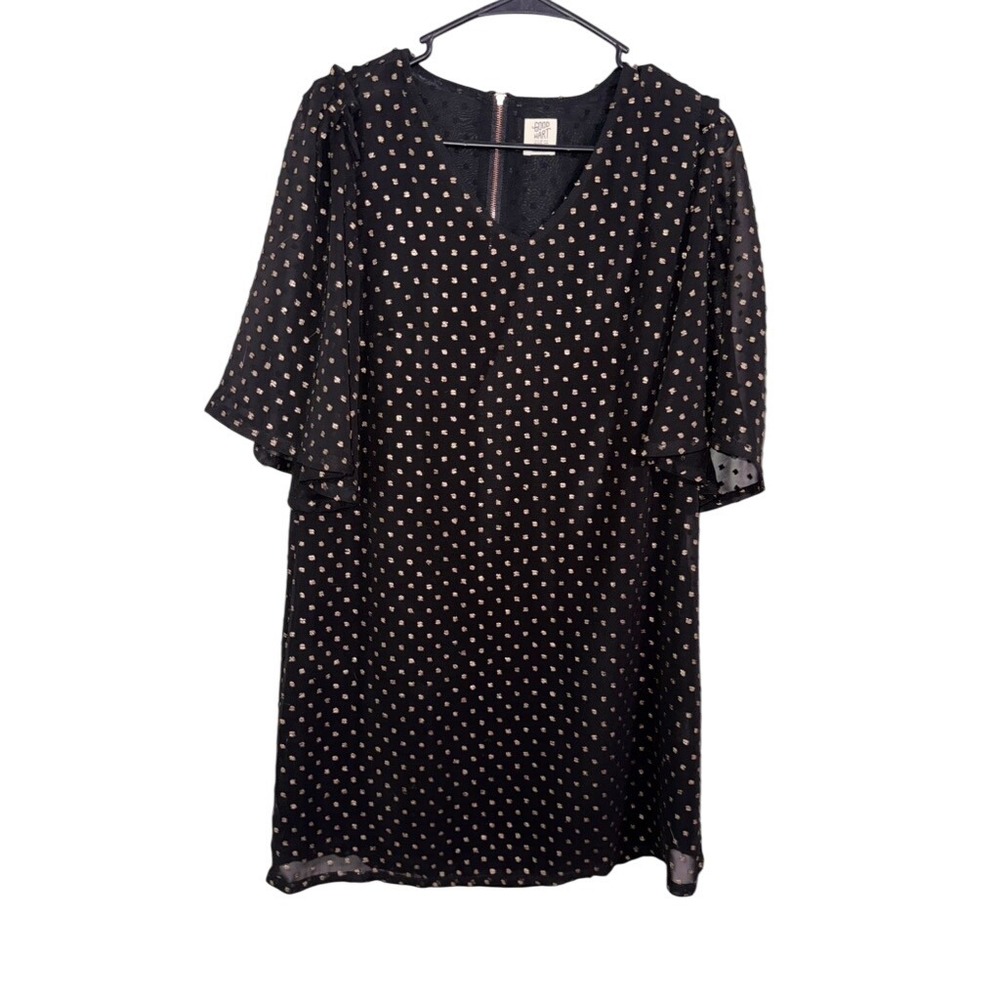 GOOD HART Matilda Jane Black‎ Gold Polka Dot Flutter Sleeve V Neck Dress XS